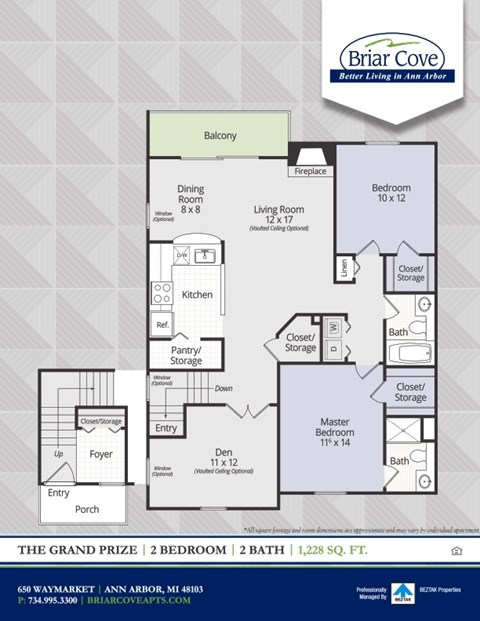 Floor plan for 2 beds, 2 baths, 1228 sqft